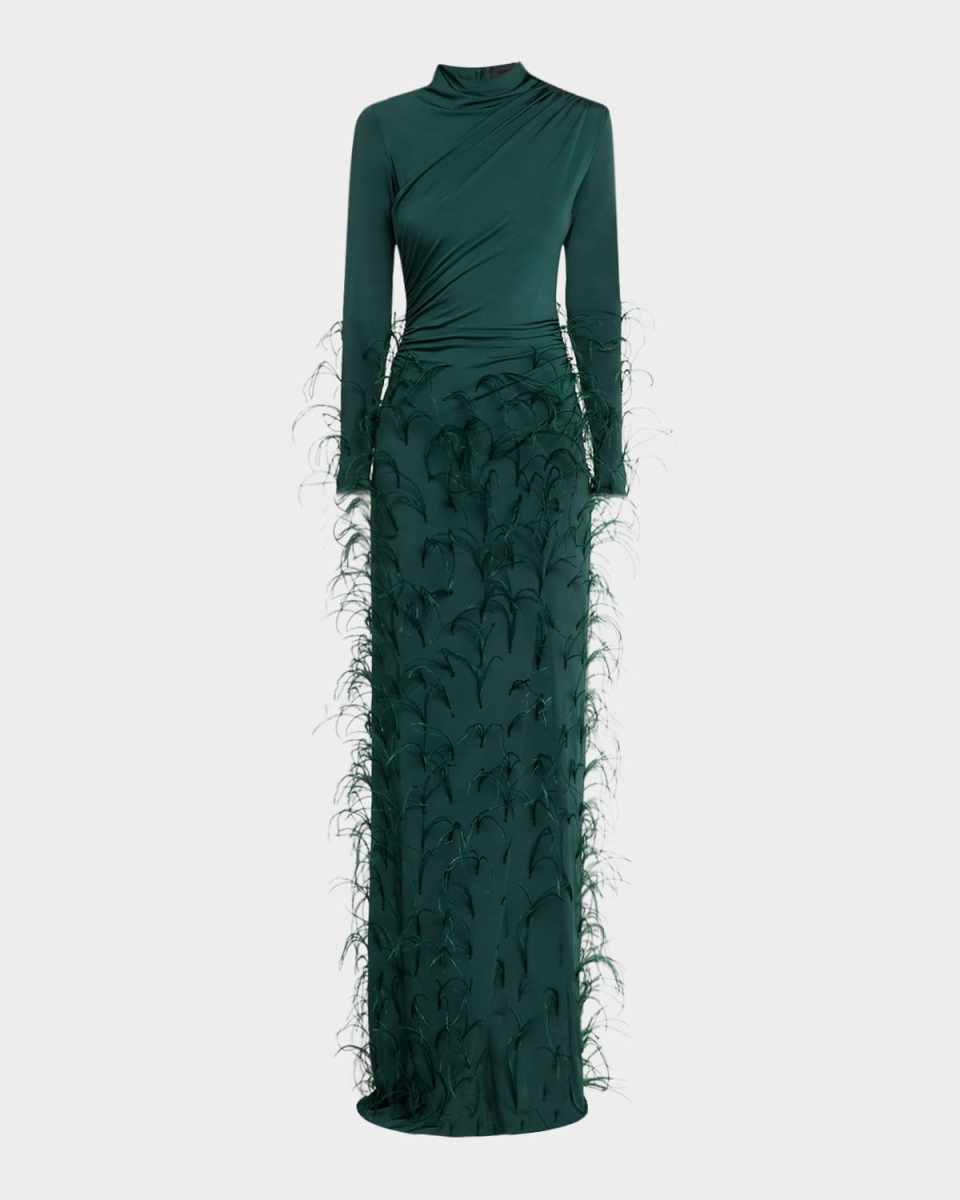 Feather Embellished Draped Jersey Gown